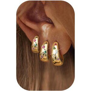 3Pairs Chunky Lightweight Hypoallergenic MultiColored 14K Gold Huggie Earrings